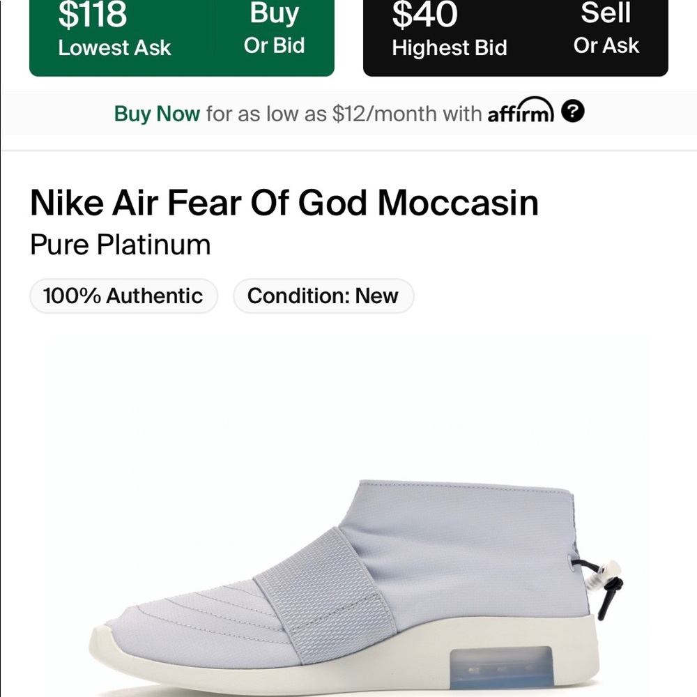 Nike Fear of God Moccasins Mens 6/Women 7.5